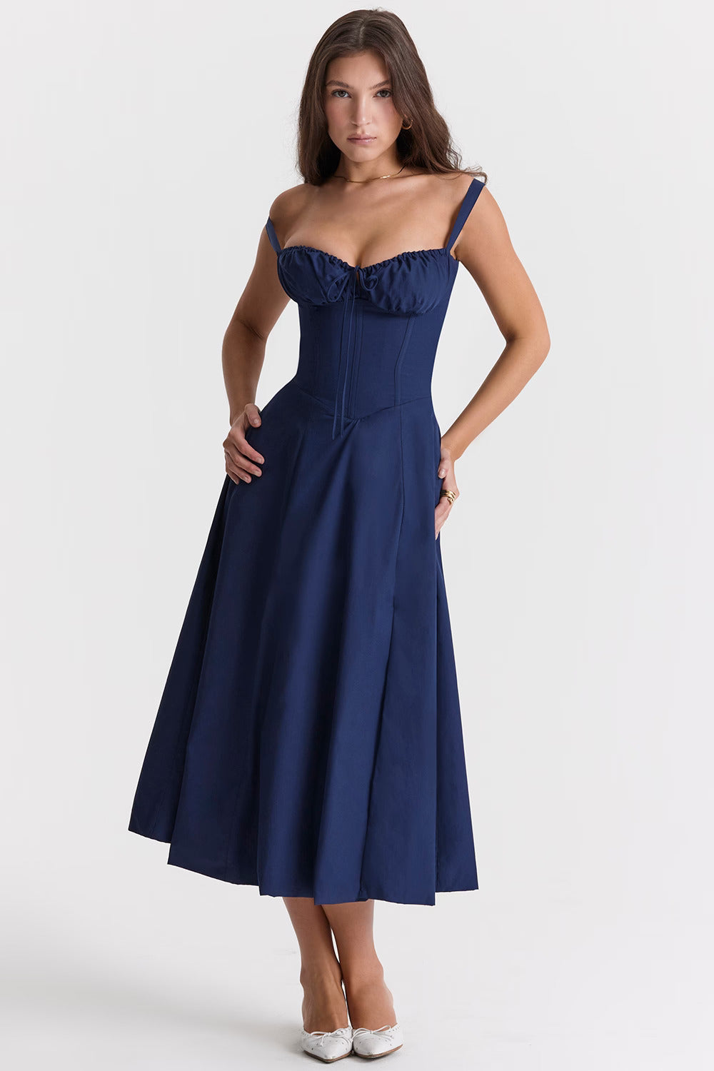 Anna-Vestido Midi con Corsé Estructurado y Escote Fruncido
