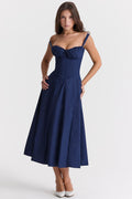 Anna-Vestido Midi con Corsé Estructurado y Escote Fruncido