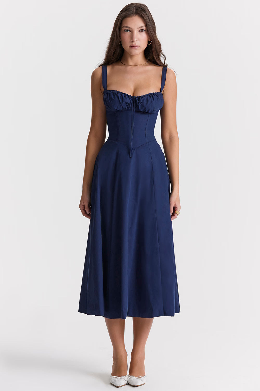 Anna-Vestido Midi con Corsé Estructurado y Escote Fruncido