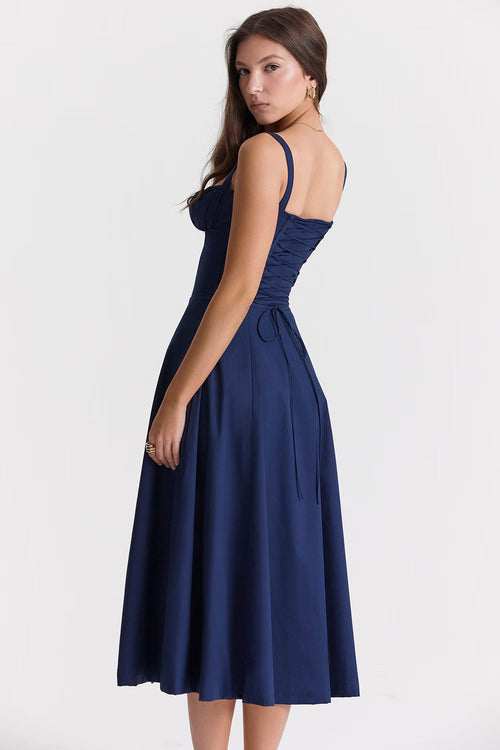 Anna-Vestido Midi con Corsé Estructurado y Escote Fruncido