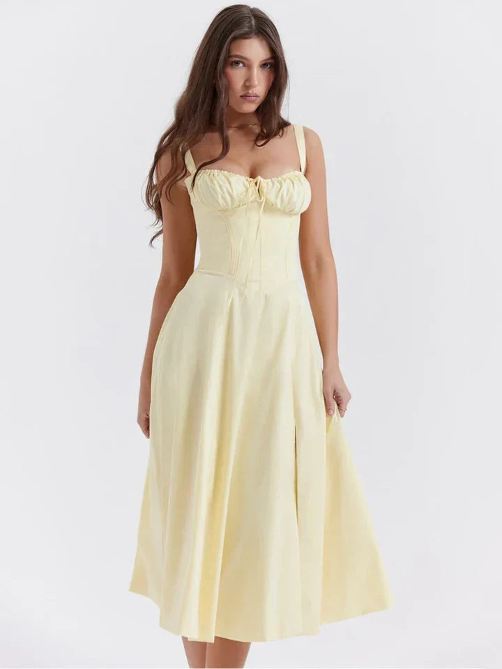 Anna-Vestido Midi con Corsé Estructurado y Escote Fruncido