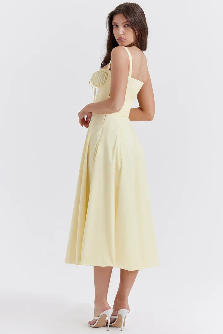 Anna-Vestido Midi con Corsé Estructurado y Escote Fruncido