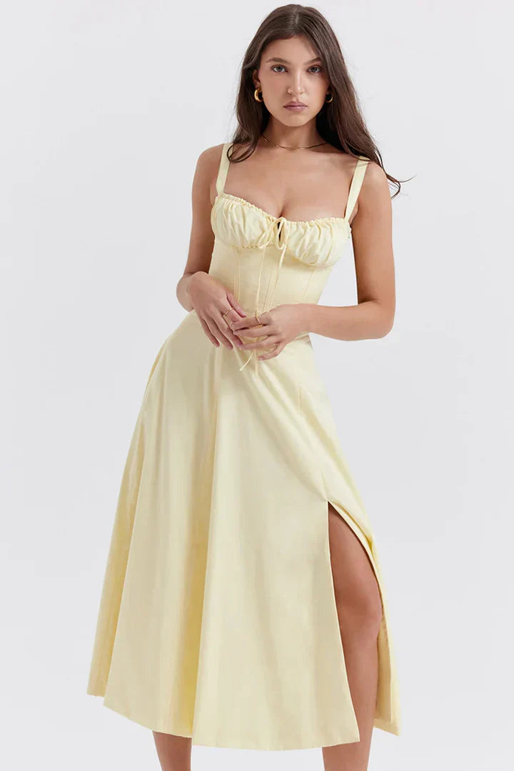 Anna-Vestido Midi con Corsé Estructurado y Escote Fruncido