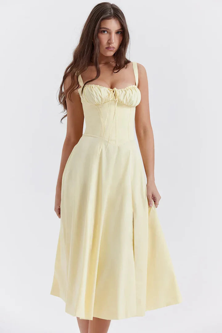 Anna-Vestido Midi con Corsé Estructurado y Escote Fruncido