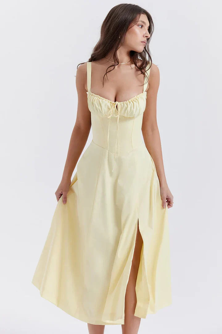 Anna-Vestido Midi con Corsé Estructurado y Escote Fruncido