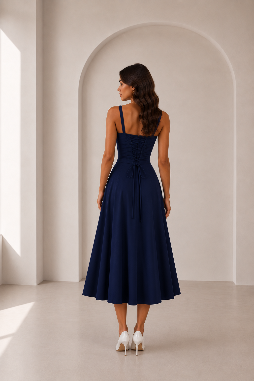 Anna-Vestido Midi con Corsé Estructurado y Escote Fruncido