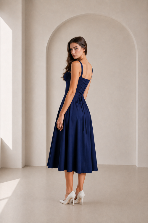 Anna-Vestido Midi con Corsé Estructurado y Escote Fruncido