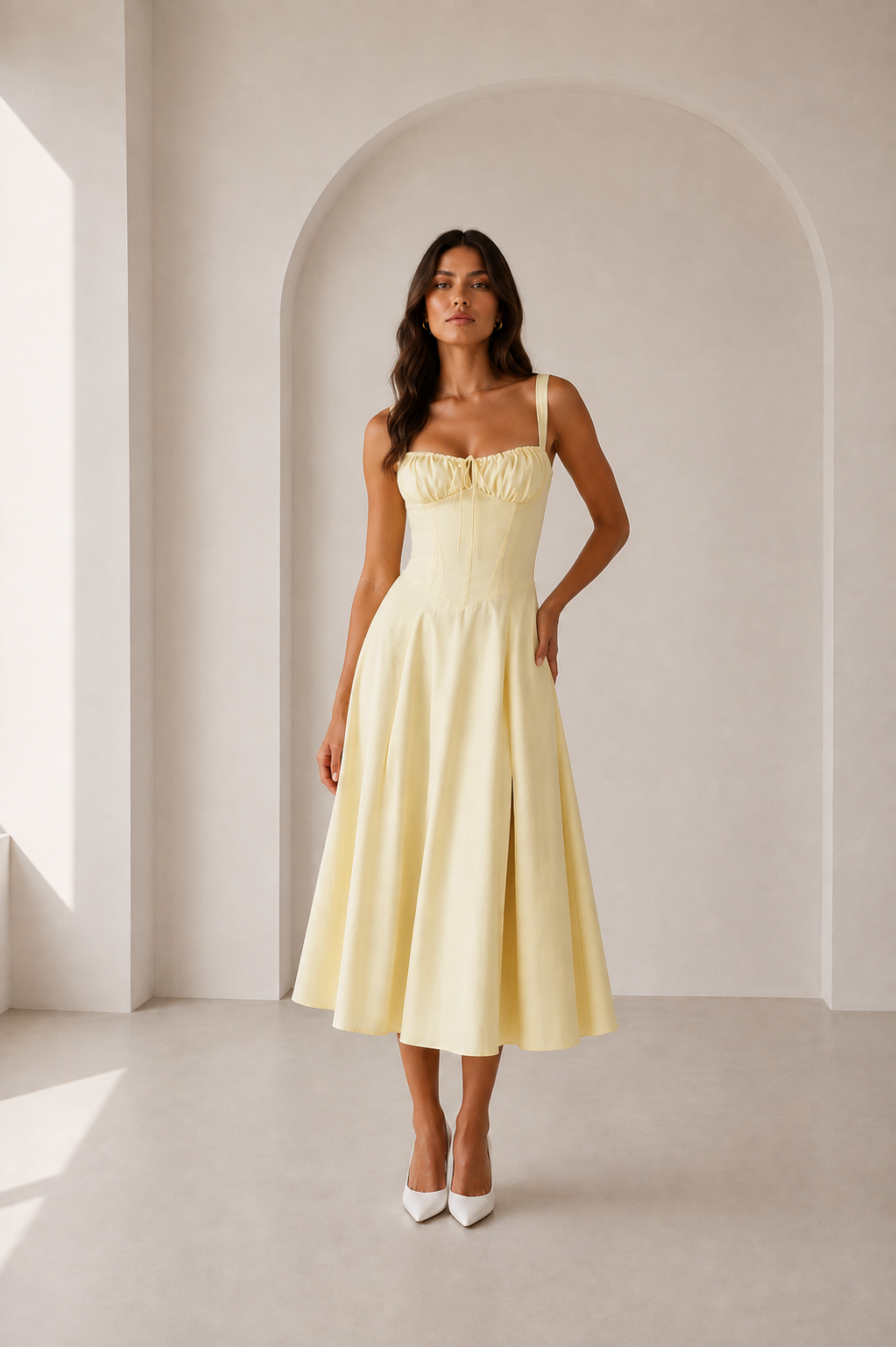 Anna-Vestido Midi con Corsé Estructurado y Escote Fruncido