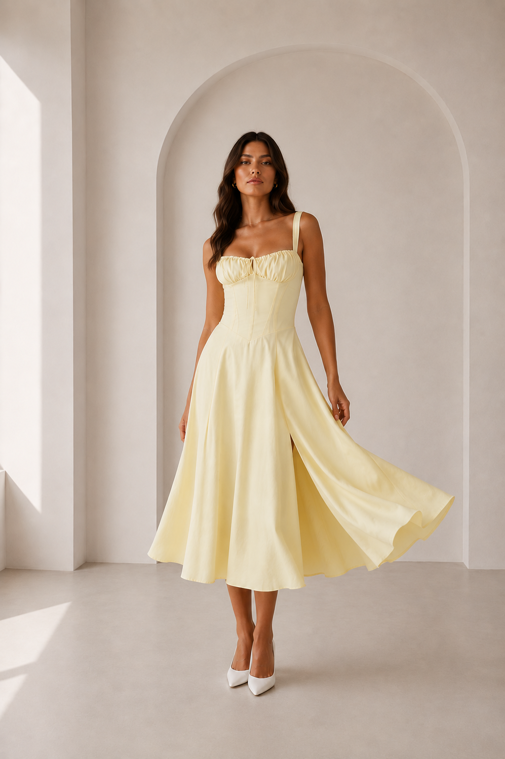 Anna-Vestido Midi con Corsé Estructurado y Escote Fruncido