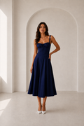 Anna-Vestido Midi con Corsé Estructurado y Escote Fruncido