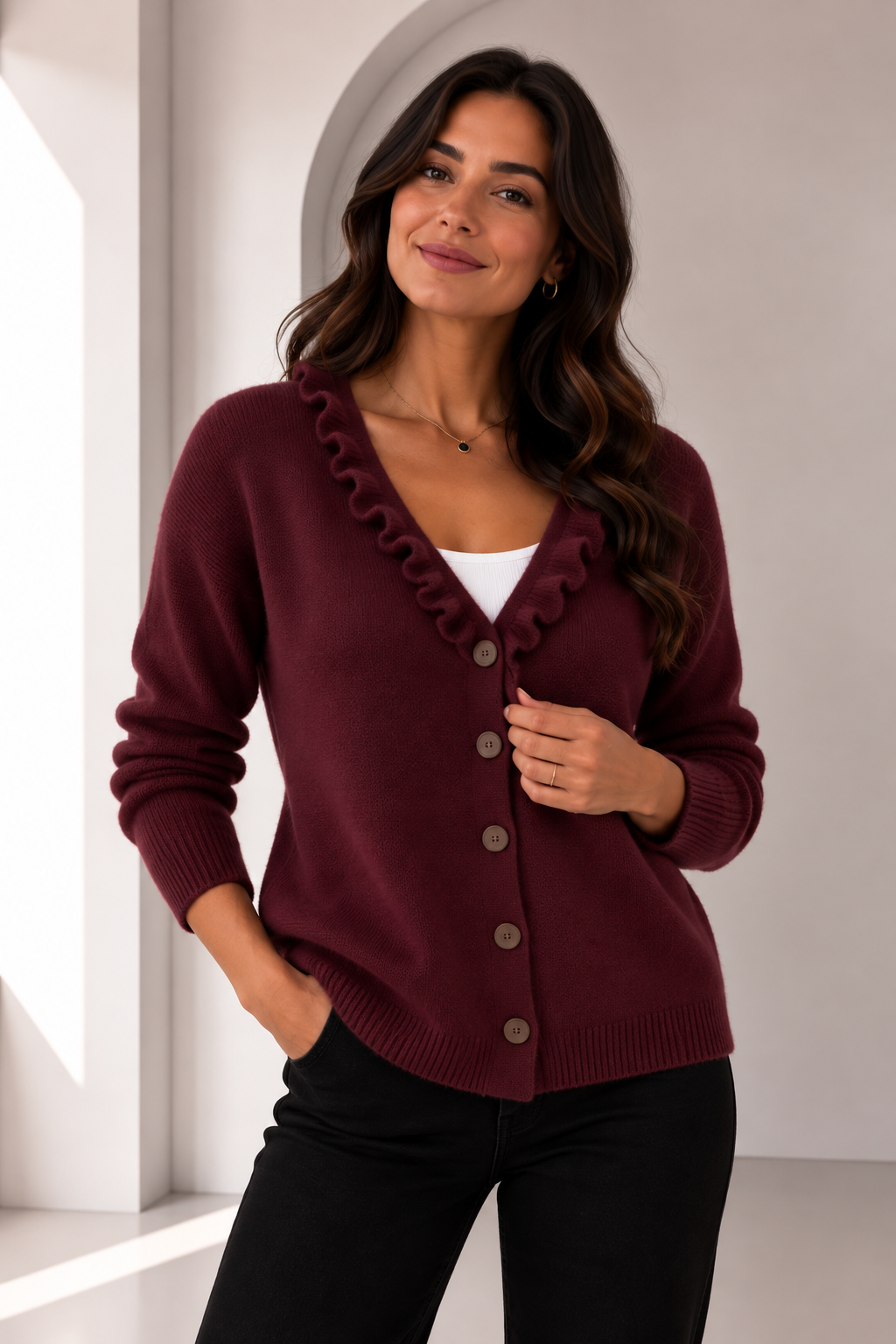 Chaqueta de punto con cuello de volantes