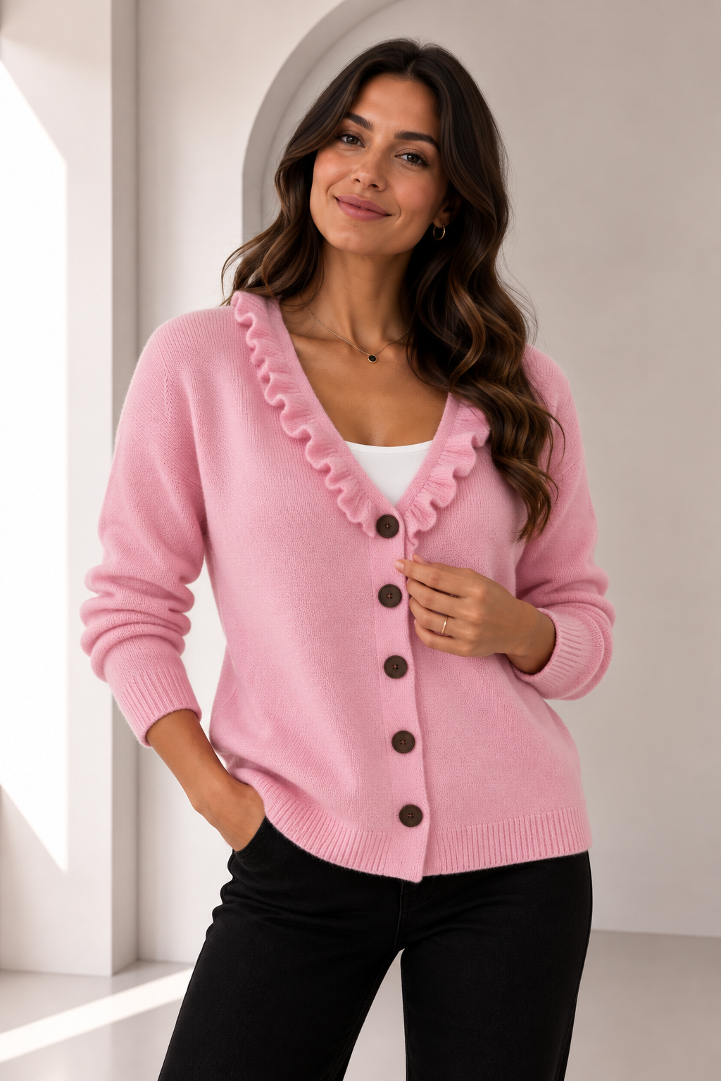 Chaqueta de punto con cuello de volantes