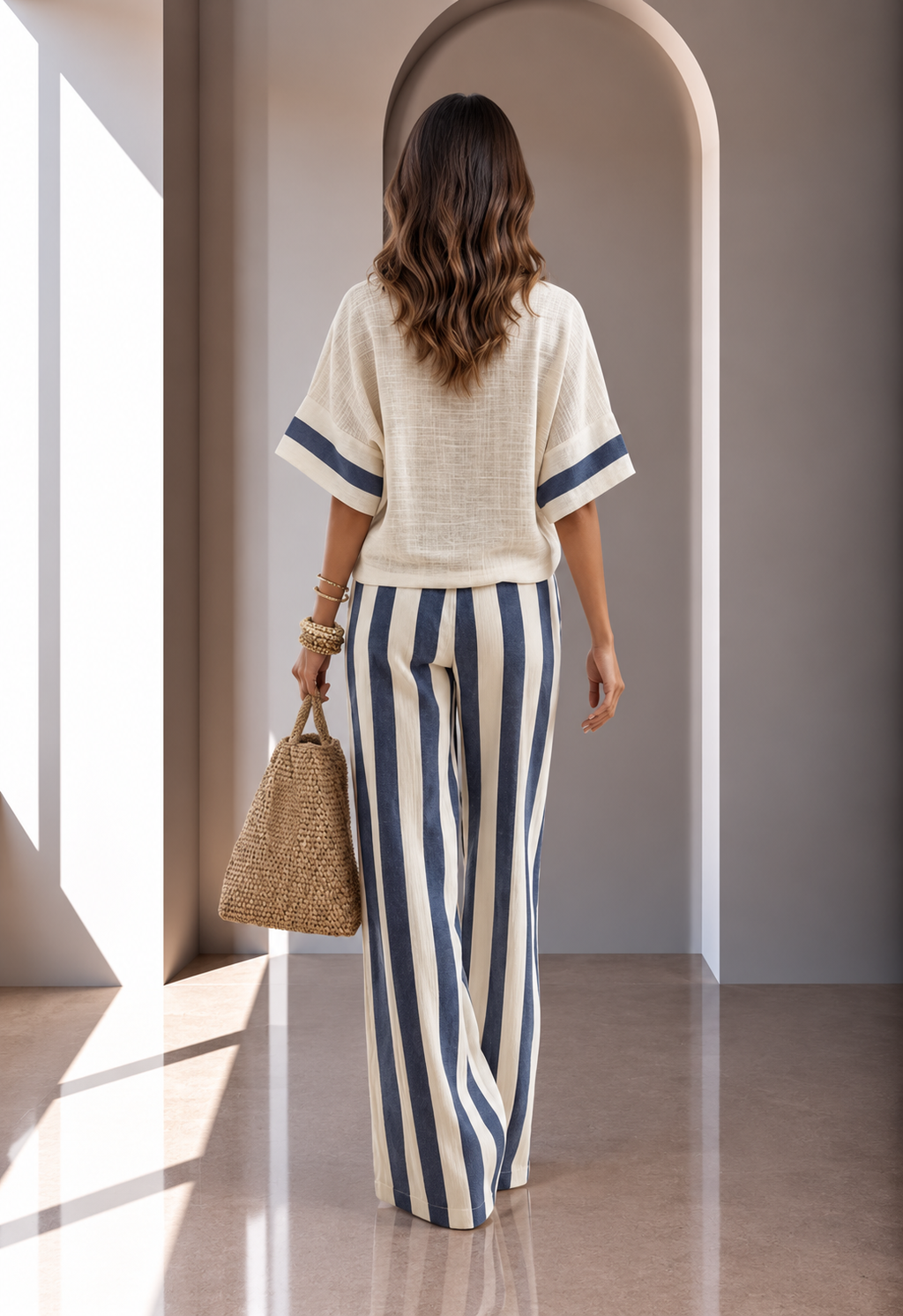 Conjunto de dos piezas de corte holgado y a rayas con pantalones anchos